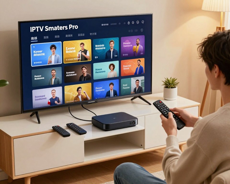 A clean and organized IPTV Smarters Pro installation setup, featuring a modern living room setting. In the foreground, a sleek Smart TV displays the IPTV Smarters Pro interface, showcasing colorful streaming options. On one side, a tech-savvy individual dressed in smart casual attire interacts with a remote control, their focused expression indicating engagement with the setup process. The middle of the scene includes an elegant media console with a streaming device, remote controls, and neatly arranged cables. In the background, soft ambient lighting enhances the welcoming atmosphere, with warm hues reflecting off the cozy furniture. The lens captures a clear, inviting view from a slightly elevated angle, creating an inviting and professional mood conducive to learning about IPTV installation.