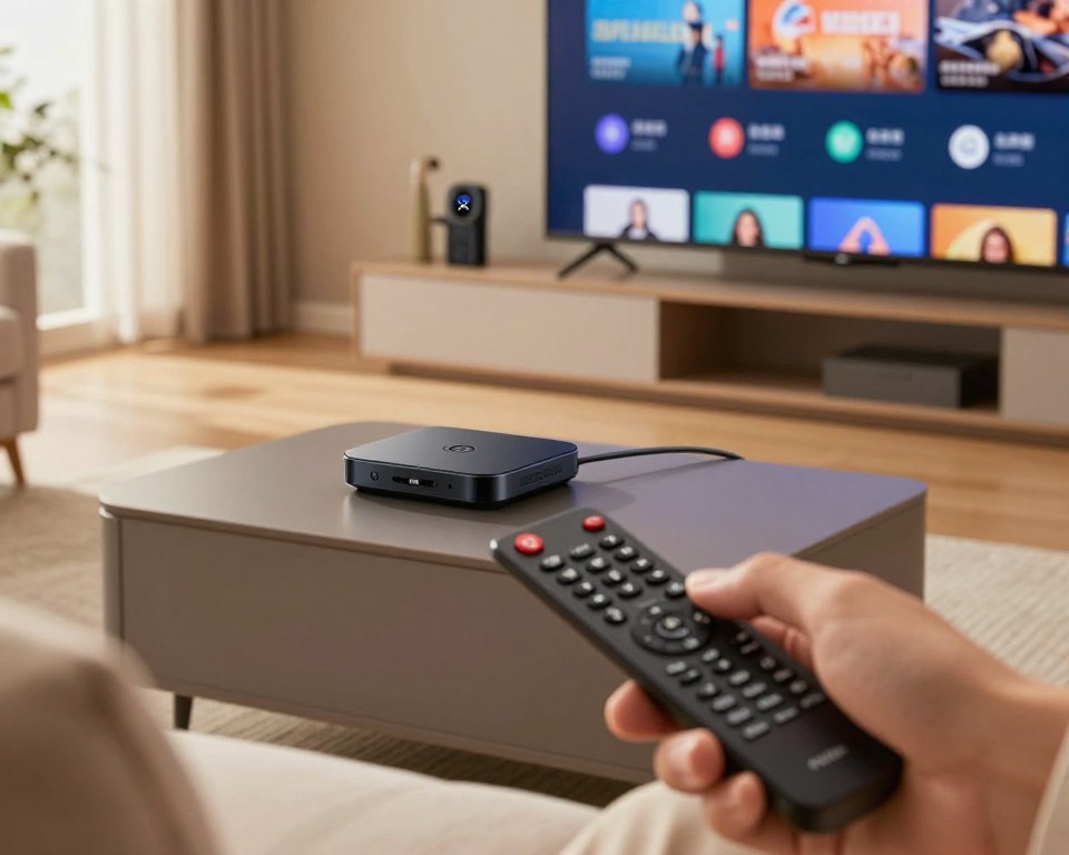 A close-up scene of a modern living room, showcasing a sleek and stylish television displaying a crisp streaming interface. In the foreground, a user adjusts settings on a remote control, emphasizing the optimization aspect. The middle layer features a comfortable sofa, with a streaming device like a Firestick positioned prominently. Soft, warm lighting creates an inviting atmosphere, while subtle motion blur suggests smooth streaming without interruptions. In the background, a window allows natural light to filter in, enhancing the room's cozy feel. A few tech gadgets are tidy and organized on a shelf, reinforcing a theme of advanced technology and effortless connectivity. The overall mood is focused and relaxed, perfect for an immersive viewing experience.
