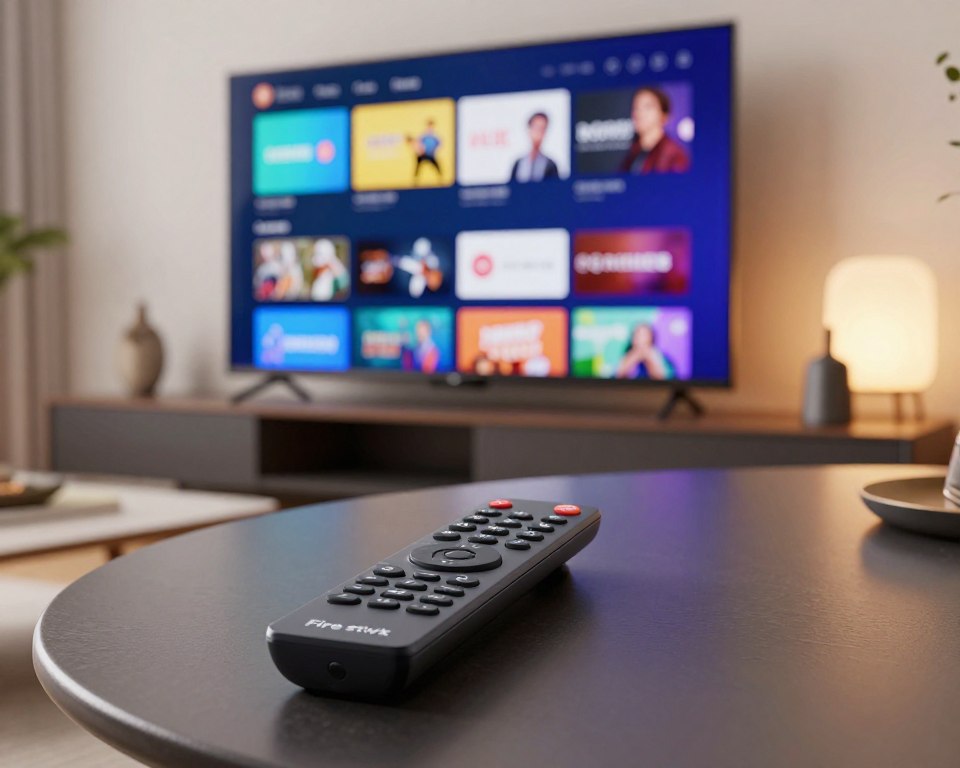 A close-up view of a Fire TV remote control placed on a sleek, modern living room coffee table. The remote is prominently displayed in the foreground, showcasing its buttons and layout designed for easy navigation. In the middle ground, a large smart TV screen is visible, displaying the vibrant, colorful interface of the Firestick, featuring various streaming app icons. The background includes soft, ambient lighting from stylish lamps, creating a cozy atmosphere. The image is shot from a slightly elevated angle, emphasizing the remote and screen. The overall mood is inviting and user-friendly, aimed at beginners exploring the navigation of the Firestick interface.