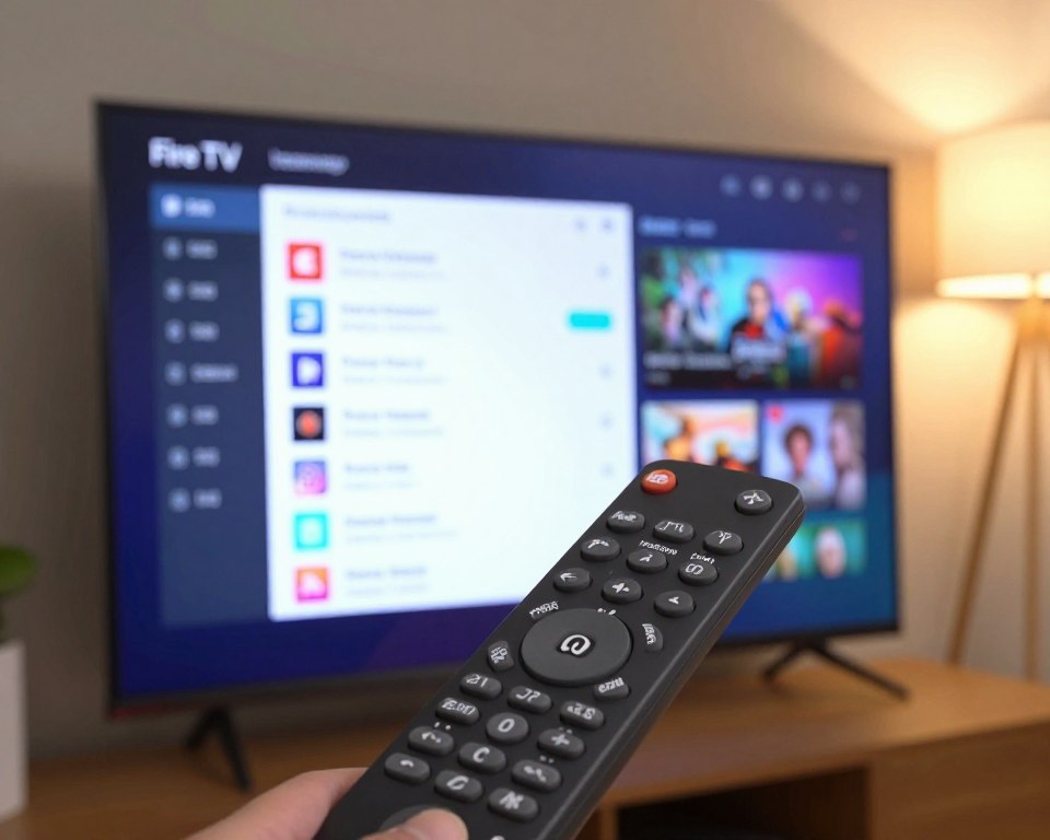 A close-up view of a digital Fire TV Stick settings menu on a modern flat-screen TV. The foreground features the TV remote, angled slightly to suggest user interaction, with clear buttons focused on parental control features. In the middle, the screen displays a vibrant settings interface showcasing options for parental controls, privacy settings, and streaming preferences, with vivid icons and smooth transitions. The background includes a cozy living room ambiance, softly lit with warm lighting from a standing lamp, creating an inviting atmosphere. The overall mood is one of comfort and user empowerment, reflecting the ease of customizing a streaming experience. Capture this scene from a slight angle to emphasize both the remote and the screen, ensuring a clear view of the settings.