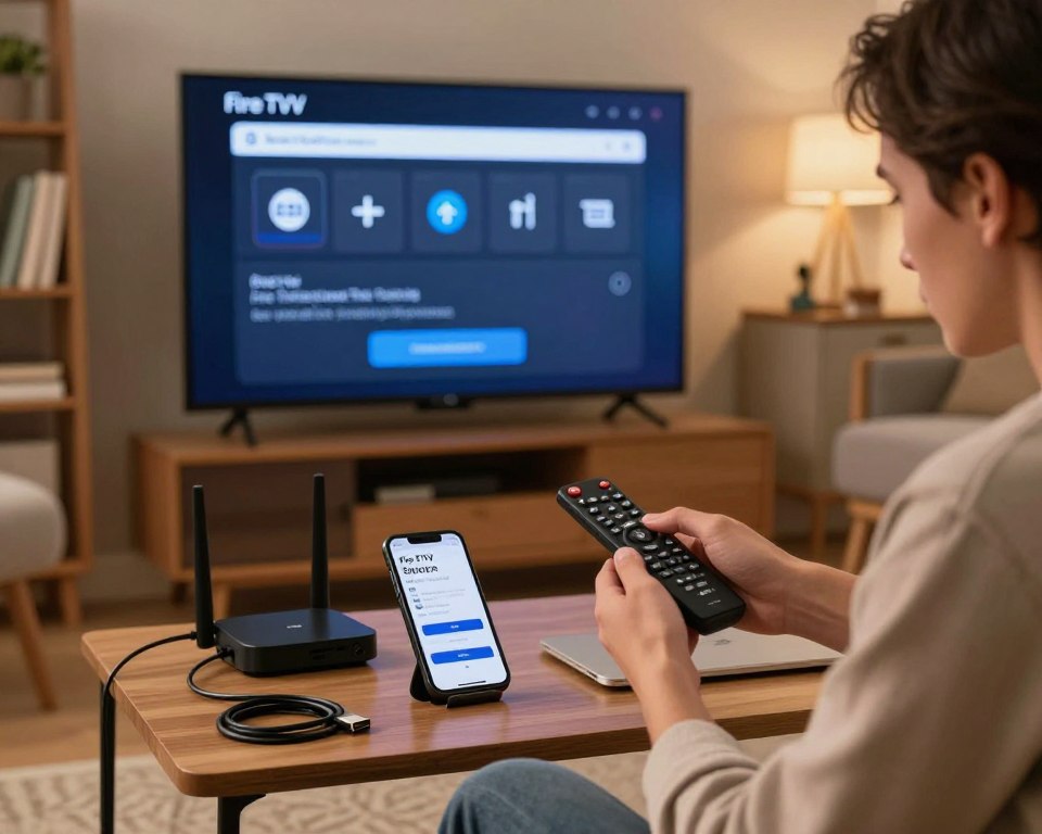 A cluttered home office scene featuring a modern television displaying Fire TV Stick troubleshooting error messages on the screen, with clear, visually distinct symbols and icons indicating connectivity issues. In the foreground, a pair of hands are reaching towards the TV remote, a look of concentration on their face, dressed in casual, professional clothing. The middle ground includes a coffee table with various tech gadgets like an HDMI cable, a wireless router, and a smartphone displaying a help article on Fire TV Stick troubleshooting. The background features a softly lit room with bookshelves and a comfortable chair, contributing to a cozy atmosphere. The lighting is warm and inviting, creating a sense of problem-solving and tech-savvy ambiance.