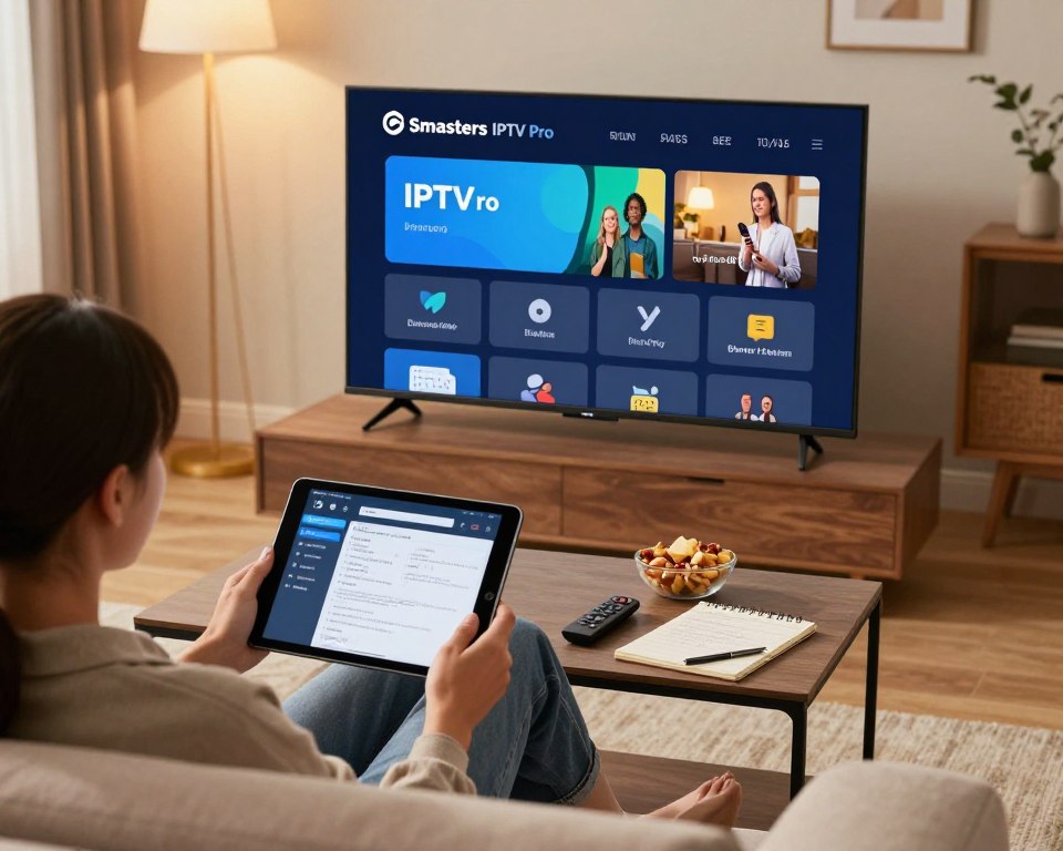 A cozy home workspace featuring a modern large-screen TV displaying the Smarters IPTV Pro interface. In the foreground, a person, dressed in casual yet professional attire, is comfortably seated on a stylish sofa, focused on their tablet in one hand while setting up the app on the TV with the other. The middle ground includes a sleek coffee table with a remote control, snacks, and a notepad with technical notes. The background features a well-lit living room with warm, inviting colors and soft ambient lighting, enhancing a relaxed yet tech-savvy atmosphere. The scene captures the essence of simplicity and accessibility in setting up IPTV services, showcasing the seamless integration into a home environment.