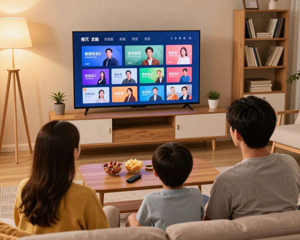 A cozy living room scene featuring a family gathered around a modern media console displaying a large television screen. In the foreground, a young couple and their child are animatedly exploring various live channels and on-demand content on the device, showcasing a bright and colorful user interface. The middle ground includes snack bowls and a remote control on the coffee table, emphasizing a relaxed viewing experience. In the background, warm lighting from floor lamps creates an inviting atmosphere, while neatly arranged bookshelves add a personal touch. The room decor is contemporary, enhancing the modern technology aesthetic. The overall mood is cheerful and engaging, reflecting the enjoyment of exploring diverse entertainment options together.