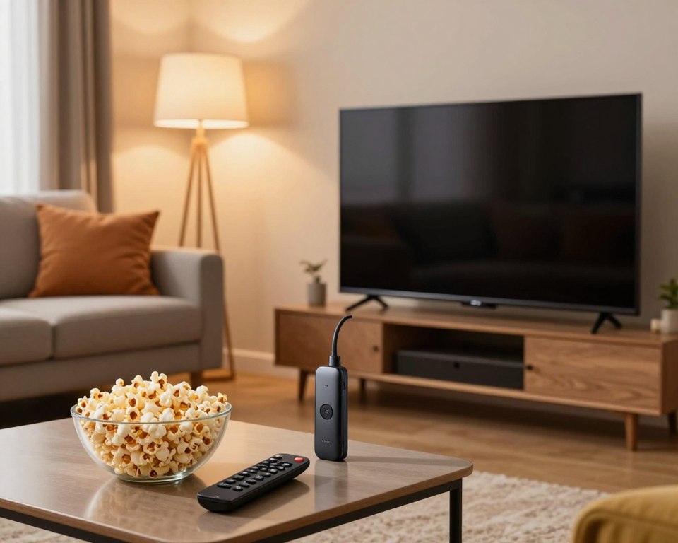 A cozy living room scene featuring a modern TV setup, prominently displaying a Fire TV Stick plugged into the side of a sleek, large flat-screen television. In the foreground, a bowl of popcorn and a remote control are placed on a stylish coffee table. The middle ground includes a comfortable couch adorned with colorful throw pillows, indicating a welcoming environment for viewers. In the background, warm lighting from a floor lamp casts a soft glow, contributing to a relaxed atmosphere. The image captures a sense of enjoyment and engagement with technology, highlighting tips and tricks for enhancing the streaming experience. The overall mood is inviting and informative, illustrating an ideal viewing setup for beginners.