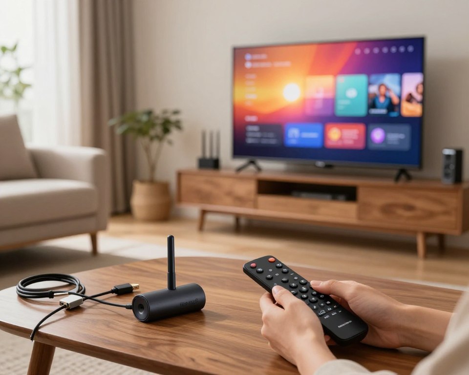 A cozy living room scene showcasing a contemporary setup for configuring a Firestick on a large flat-screen TV. In the foreground, a sleek wooden coffee table holds the Firestick device alongside a remote controller, with a user's hands attentively holding the remote. The middle ground features a comfortable couch and scattered tech accessories like HDMI cables and a router, emphasizing a tech-savvy environment. In the background, the vivid screen displays an intutive setup interface, glowing softly in warm tones. The room is well-lit with natural light streaming through a window, enhancing a welcoming atmosphere. The overall mood is focused yet relaxed, ideal for a home entertainment setting.