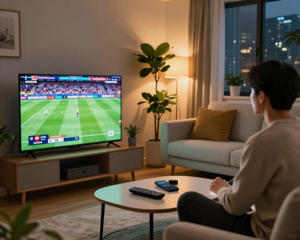 A cozy living room scene showcasing a modern home entertainment setup focused on live channels and sports streaming. In the foreground, a sleek flat-screen TV displays vibrant, dynamic sports action with a football match, while a remote control and smartphone are neatly placed on a stylish coffee table. The middle layer features lush indoor plants and a comfortable sofa, accentuating a relaxed atmosphere. In the background, soft ambient lighting creates a warm and inviting environment, illuminated by a large window with city views. The overall mood is energetic yet cozy, reflecting the excitement of sports viewing at home. A professional individual in modest casual clothing is shown sitting on the sofa, intently watching the game.