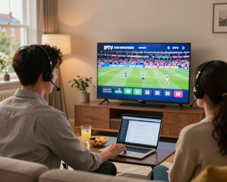A cozy living room setting with a modern flat-screen television displaying vibrant IPTV content, such as a sports game or a popular UK TV show. In the foreground, a professional-looking customer support agent in business attire is seated with a headset, attentively helping a customer via laptop. The middle ground features a stylish coffee table with snacks and drinks, enhancing the home viewing experience. Soft, warm lighting illuminates the space, creating a welcoming ambiance, while natural light filters through a window in the background showcasing a serene neighborhood view. The overall mood is one of comfort and reliability, emphasizing quality entertainment and excellent customer support.