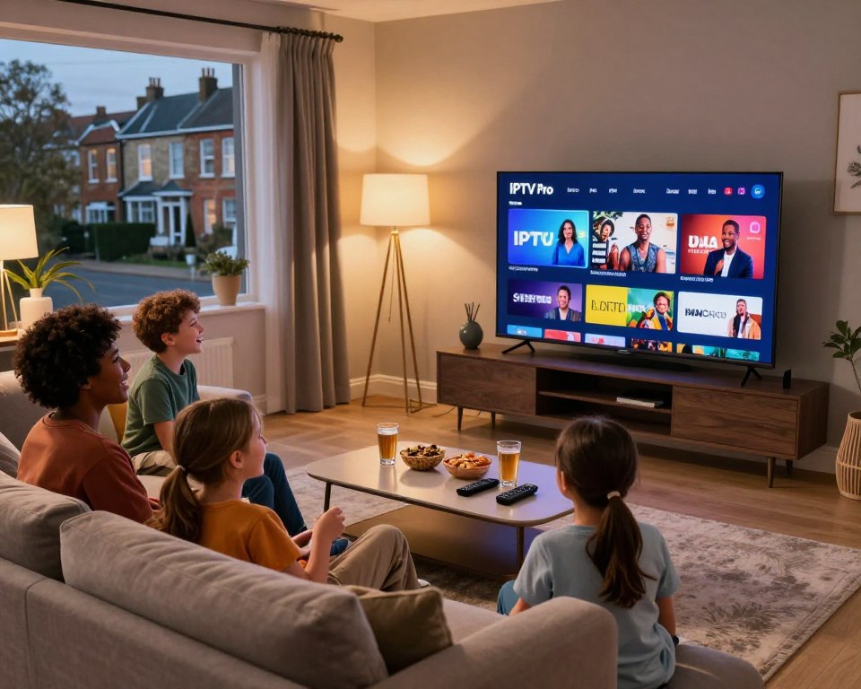 A cozy, modern living room setting showcasing a family enjoying a UK streaming experience through IPTV Pro. In the foreground, a diverse family of four, dressed in comfortable, casual clothing, is seated on a stylish sofa, laughing and interacting with a large flat-screen TV displaying vibrant entertainment options. The middle of the scene features a coffee table adorned with snacks and drinks, alongside remote controls. The background reveals a tastefully decorated room with soft lighting from decorative lamps, and a window showing a classic UK neighborhood scene outside, bathed in warm evening light. The atmosphere is inviting, reflecting a sense of togetherness and modern entertainment. The angle is wide, capturing the lively interaction and engaging ambiance.