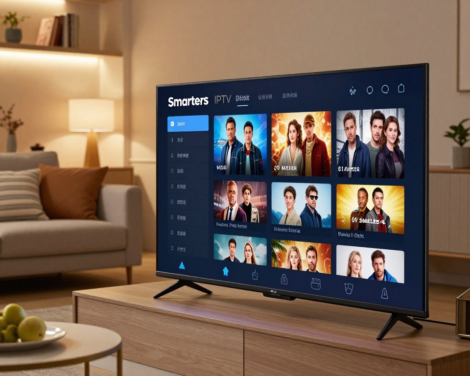 A detailed and modern Smarters IPTV player interface displayed on a sleek black television screen, set in a stylish living room. The foreground features a close-up of the IPTV interface showcasing vibrant thumbnails of various TV shows and movies, with a user-friendly navigation menu. In the middle ground, a comfortable couch with neatly arranged cushions and a decorative coffee table, giving a sense of a cozy viewing environment. The background includes softly lit shelves with books and decorative items, enhancing the room's ambiance. Soft, warm lighting emanates from a stylish lamp, creating a relaxed atmosphere. Captured from a slightly angled perspective, the composition emphasizes the blend of technology and comfort. The overall mood is inviting and modern, illustrating the capabilities of Smarters IPTV in a home setting.