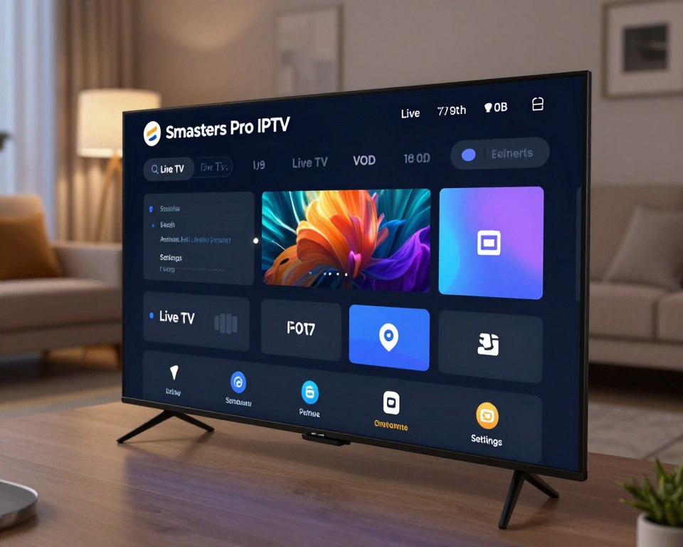 A detailed and modern digital user interface of Smarters Pro IPTV navigation is displayed prominently in the foreground. The interface showcases various sleek menus and options, highlighting categories like Live TV, VOD, and Settings, with vibrant, intuitive icons and a dark theme for a contemporary look. In the middle, a large, interactive screen features animated elements, conveying user interaction, such as swipes and selections. The background shows a stylish living room setting with soft, ambient lighting, adding a cozy atmosphere that suggests relaxation while streaming. The composition uses a slightly elevated angle to capture the interface clearly, ensuring a tech-savvy yet inviting feel, perfect for enhancing the viewing experience. No text or logos are present in the design.