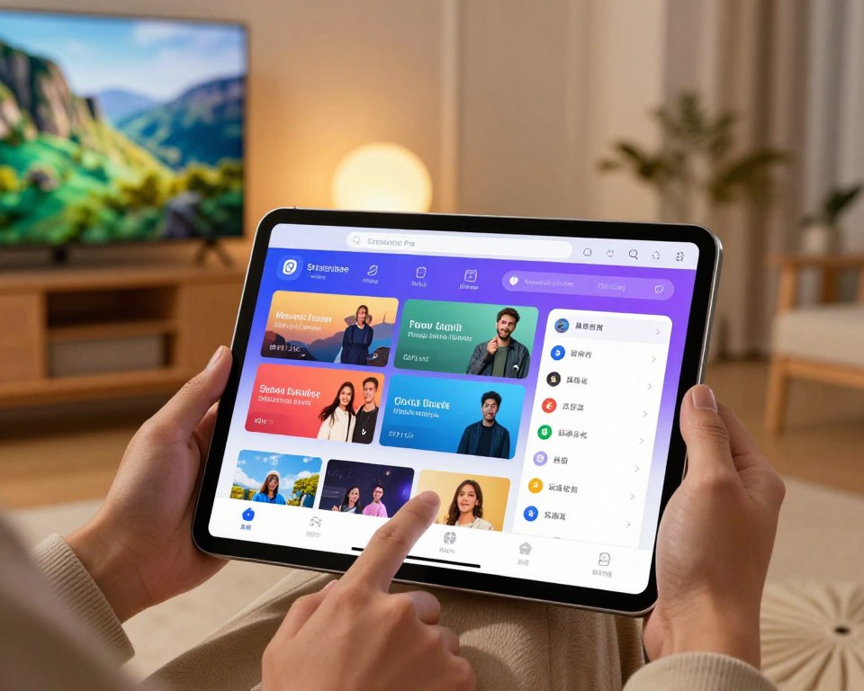 A detailed digital interface showcasing the customisation settings of Smarters Pro, with vibrant colors and sleek design elements. Foreground features a modern tablet displaying various streaming options like themes, layout adjustments, and viewer preferences in an intuitive user interface. The middle ground includes hands of a professional in smart casual attire interacting with the screen, subtly adjusting the settings. The background shows a cozy, modern living space with warm lighting and a large TV screen displaying serene nature scenes. Soft glow emanates from the screen, creating a welcoming and comfortable atmosphere. The overall mood conveys a blend of technology and personalization for an enhanced streaming experience, inviting users to engage deeply with their content.