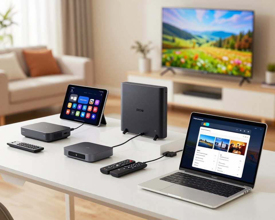 A detailed installation guide for UK IPTV featuring a variety of streaming devices, such as smart TVs, tablets, and set-top boxes, arranged on a clean, modern desk. In the foreground, display an open laptop with an interactive interface showcasing device compatibility options. The middle layer includes neatly organized cables and remote controls, symbolizing the installation process. In the background, a softly lit living room scene conveys a cozy atmosphere, with a comfortable sofa and a large screen displaying vibrant British landscapes. Use soft, natural lighting to create an inviting mood, with a shallow depth of field to focus on the installation guide and devices. No text or logos are present, enhancing the professional look of the image.