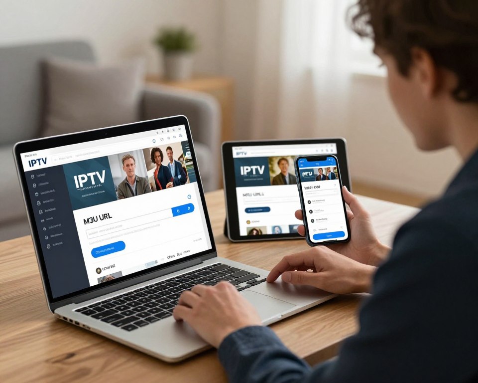 A digital illustration depicting a step-by-step guide on adding an M3U URL for IPTV streaming. In the foreground, a sleek laptop is open, showing a user-friendly IPTV application interface with clear buttons and a highlighted section for M3U URL input. Beside the laptop, a person in professional business attire is intently focusing on the screen, symbolizing engagement and expertise. In the middle, smart devices like a tablet and smartphone are also displaying the same IPTV application, creating a seamless tech ecosystem. The background features a cozy living room atmosphere with soft lighting, adding warmth and comfort. The overall mood conveys a sense of simplicity and accessibility, encouraging readers to embrace the technology for streaming their favorite UK shows.