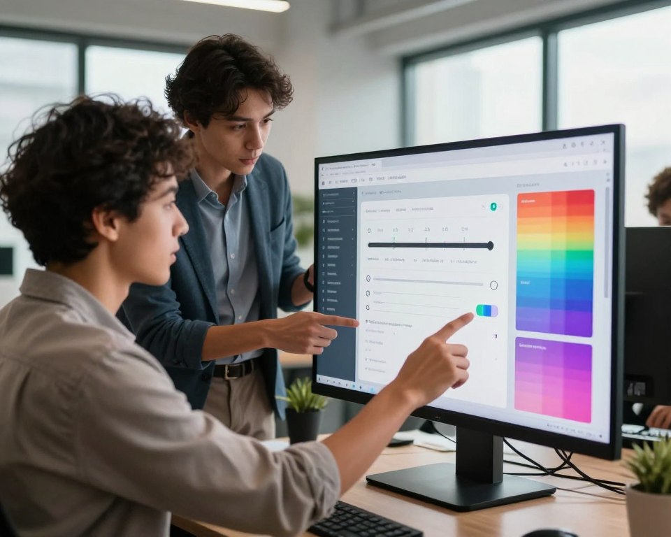 A diverse group of three professionals in a modern office setting, focused on customizing a user interface on a large touchscreen display. In the foreground, one person in smart casual attire points at a vibrant color palette, while another, dressed in business attire, appears to be adjusting layout settings on the screen. The middle area showcases UI elements like sliders, toggle switches, and icons with a sleek and intuitive design. The background features contemporary office decor with large windows letting in soft natural light, creating an inviting atmosphere. The mood is collaborative and innovative, emphasizing user experience and customization. The image should have a clear depth of field, showcasing the technology in sharp focus while the background is slightly blurred to emphasize the subject.