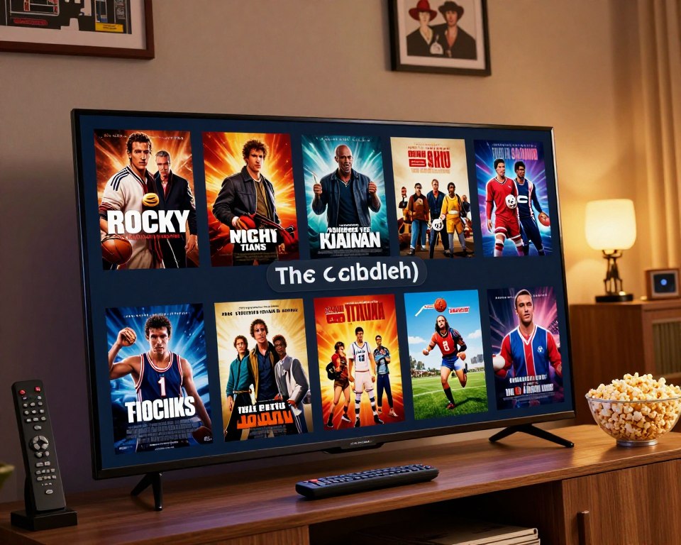 A dynamic and engaging composition showcasing a curated channel lineup featuring iconic sports movies. In the foreground, a sleek, modern TV stands with a vivid display of sports movie posters, including famous titles like "Rocky," "Remember the Titans," and "The Sandlot." The middle layer features a stylish remote control and popcorn bowl, emphasizing the entertainment theme. In the background, a cozy living room setting with warm, inviting lighting creates an intimate atmosphere, inviting audiences to enjoy a movie night. The room is decorated with sports memorabilia and movie awards, adding character and depth. Use a slightly tilted angle for a dynamic perspective, capturing the excitement of sports and cinematic storytelling. The overall mood is vibrant and enthusiastic, highlighting the thrill of sports films.