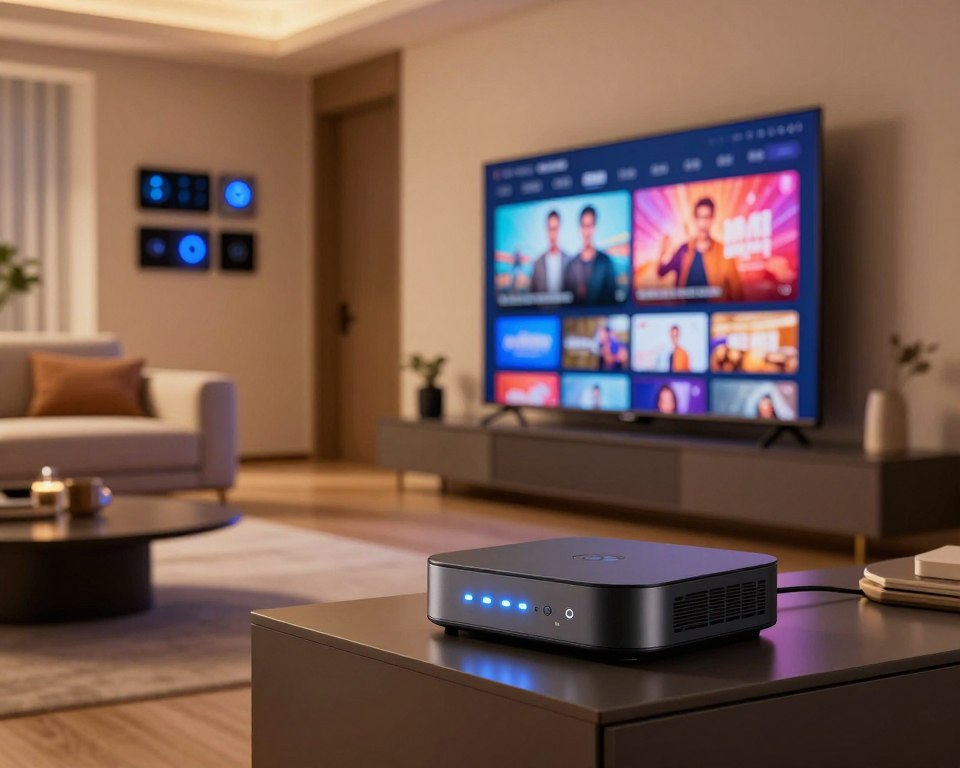 A futuristic living room showcasing advanced streaming technology, featuring a sleek, high-definition TV displaying vivid, colorful streaming content. In the foreground, a state-of-the-art device with illuminated indicators representing anti-freeze features sits on a modern entertainment unit. The middle ground includes a contemporary sofa with a cozy ambiance, while the background reveals a wall-mounted array of smart home devices, subtly glowing. Soft, warm lighting enhances the inviting atmosphere, highlighting the elegance of the space. The camera angle is slightly tilted, showcasing the depth of the room. The scene conveys a sense of innovation and comfort, perfect for binge-watching without interruptions.