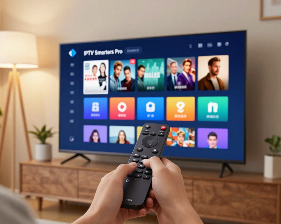 A modern IPTV Smarters Pro user interface displayed on a sleek, high-resolution television screen in a contemporary living room setting. In the foreground, a user adjusts the interface settings using a stylish remote control, showcasing various customizable features like themes, layout options, and channel arrangements. The middle layer captures the vibrant, dynamic menu with colorful icons for movies, live TV, and series, reflecting user-friendly accessibility. The background features a cozy ambiance with soft lighting from floor lamps and decorative plants, creating an inviting atmosphere for streaming. The scene is shot from a slight angle, emphasizing the interface's interactivity, with a professional yet relaxed mood.