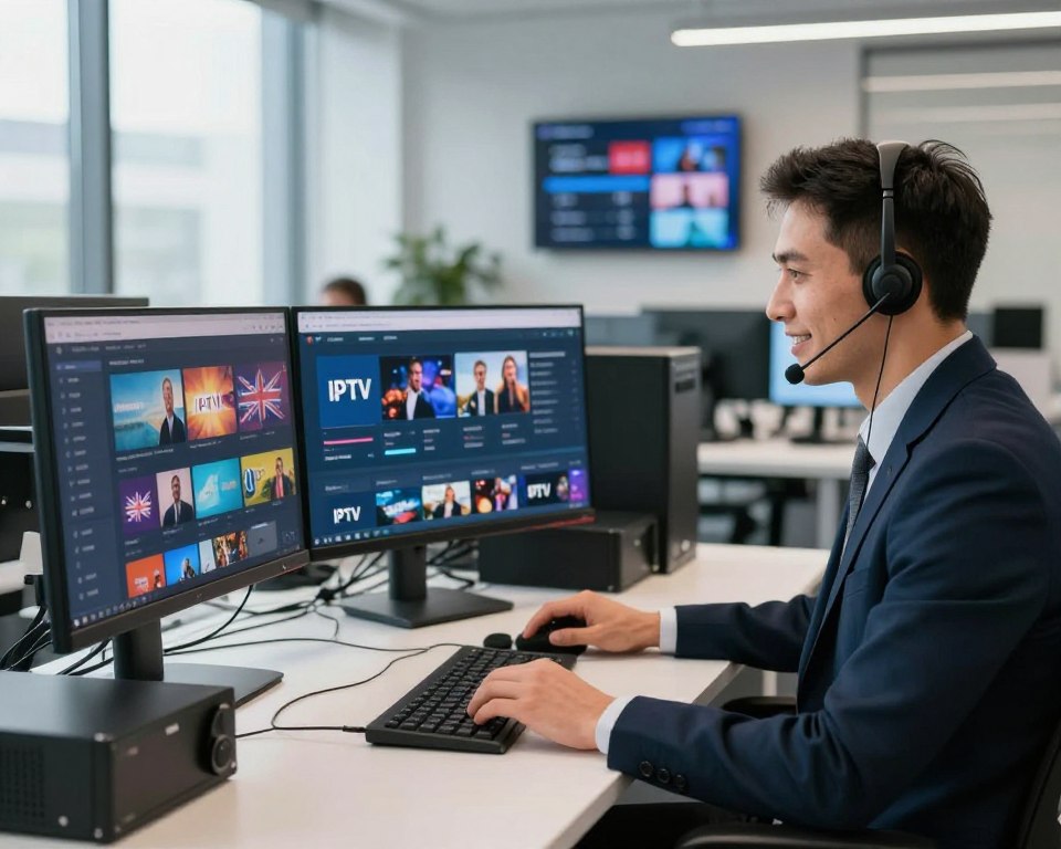 A modern IPTV customer support scene, featuring a professional support agent dressed in smart business attire, sitting at an ergonomic desk with multiple monitors displaying UK TV channels and IPTV interface. In the foreground, the agent is attentively engaging with a headset, showcasing a friendly demeanor. The middle ground includes neatly organized IT equipment and a digital display showing various features of premium IPTV services. The background features a sleek, contemporary office environment with soft natural lighting streaming through large windows, creating an inviting atmosphere. The angle captures the agent interacting with technology, emphasizing a high-tech and user-oriented support experience. The overall mood is professional and supportive, reflecting the premium difference in customer service.