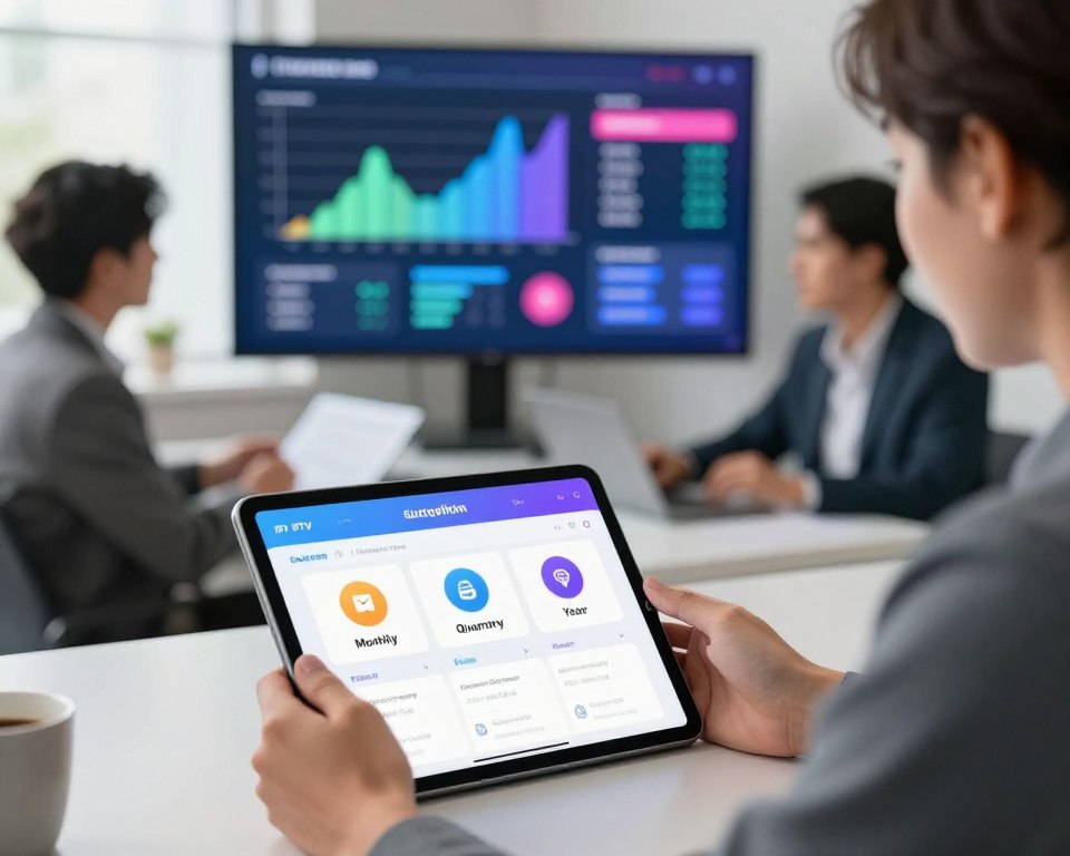 A modern and vibrant digital workspace illustrating flexible payment options and subscription structures for IPTV services. In the foreground, include a sleek tablet displaying various subscription plans with icons representing monthly, quarterly, and yearly options. In the middle ground, showcase professionals in business attire discussing these plans, highlighting the concept of choice and flexibility. The background features a large screen displaying colorful graphs and payment statistics, emphasizing data-driven insights. Use soft, natural lighting to create an inviting atmosphere, with a slight bokeh effect to maintain focus on the foreground elements. Capture the image from a slightly elevated angle for depth, evoking a sense of innovation and connectivity in the modern streaming landscape.