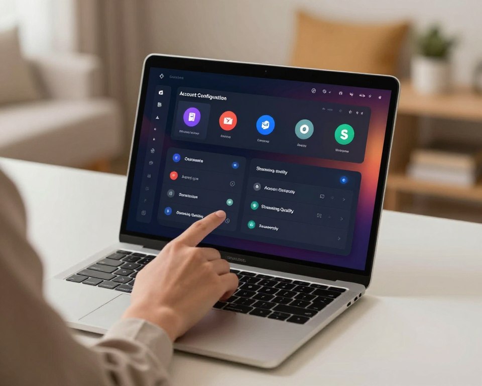 A modern app configuration interface displayed on a sleek laptop screen, positioned on a clean, minimalistic workspace desk. The foreground features a close-up of a user’s hand, dressed in professional attire, interacting with the touchscreen interface, tapping on various settings like "Account Configuration" and "Streaming Quality." In the middle ground, a vibrant interface design showcases intuitive icons and settings options, with a dark mode theme highlighting legibility. The background features a softly blurred out cozy home environment, emphasizing a relaxed yet productive atmosphere. Warm, diffused lighting enhances the overall inviting mood, while a shallow depth of field draws focus to the interface elements. A modern app configuration interface displayed on a sleek laptop screen, positioned on a clean, minimalistic workspace desk. The foreground features a close-up of a user’s hand, dressed in professional attire, interacting with the touchscreen interface, tapping on various settings like "Account Configuration" and "Streaming Quality." In the middle ground, a vibrant interface design showcases intuitive icons and settings options, with a dark mode theme highlighting legibility. The background features a softly blurred out cozy home environment, emphasizing a relaxed yet productive atmosphere. Warm, diffused lighting enhances the overall inviting mood, while a shallow depth of field draws focus to the interface elements.