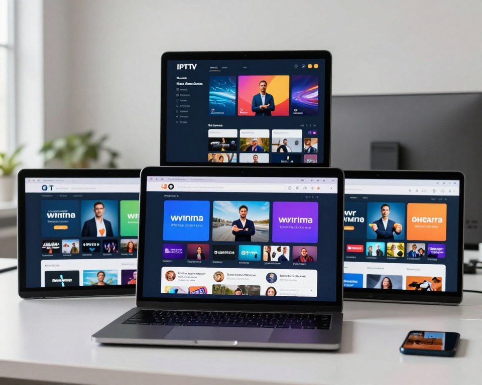 A modern digital workspace featuring a clean and organized desktop displaying the interfaces of three top IPTV player apps for live TV, arranged side by side. In the foreground, high-resolution screenshots of each app showcase their unique designs, vibrant colors, and user-friendly navigation. The middle ground includes a sleek laptop open with the apps actively displayed, reflecting a tech-savvy atmosphere. The background features a contemporary office setting with subtle lighting, emphasizing productivity and focus. The mood is professional yet inviting, with a hint of excitement for technology. Use soft, natural lighting to enhance the textures of the devices and maintain a polished, clear aesthetic. Ensure there are no text elements or watermarks in the image.