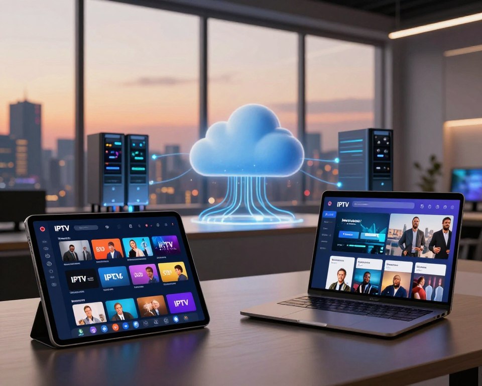 A modern digital workspace showcasing various streaming platform technical features. In the foreground, display a sleek tablet and laptop with vibrant user interfaces demonstrating an IPTV app with intuitive navigation, live TV listings, and multimedia content. The middle ground features an abstract representation of cloud technology and streaming servers, visually connected by flowing data streams indicated by glowing lines. In the background, a stylized city skyline during dusk, with soft, warm lighting streaming in through large windows, creating a cozy yet professional atmosphere. Use a wide-angle lens effect to emphasize depth and make the technology appear engaging and dynamic. The overall mood is innovative and forward-thinking, perfect for illustrating key technological aspects of a cutting-edge IPTV application.