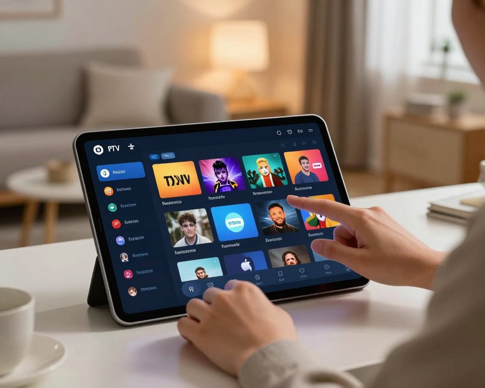 A modern electronic programme guide interface displayed on a sleek tablet, resting on a desk with a minimalist design. In the foreground, vibrant icons for various TV channels and a playlist management screen are visible, showcasing intuitive navigation features. The middle layer includes a pair of hands in professional attire, expertly scrolling through the playlist options, highlighting user interaction. The background features a softly blurred living room setting, with ambient lighting creating a cozy atmosphere. The scene is illuminated with soft, warm light to evoke a feeling of comfort and ease in media consumption. Capture the essence of modern IPTV streaming technology and user-friendly design while ensuring a clear focus on the guide and playlist management.