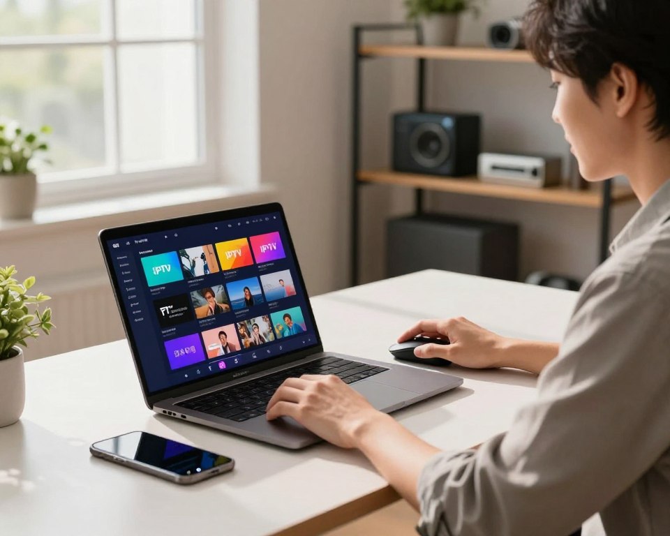 A modern home office setting with a sleek desk featuring a laptop displaying a vibrant IPTV streaming player application interface. In the foreground, a person of Asian descent dressed in smart casual attire is focusing on customizing settings, with tools like a wireless mouse and a smartphone beside them. The middle ground shows shelves filled with tech gadgets and a small potted plant adding a touch of greenery. The background features a large window with natural light spilling into the room, casting soft shadows. The scene has a warm, inviting atmosphere, suggesting a productive and personal space for streaming setup. The overall lighting is bright yet soft, enhancing the comfortable yet focused mood of the setting.