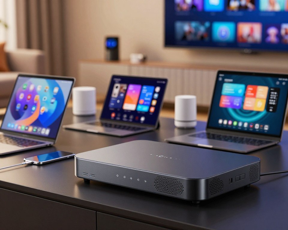 A modern living room scene featuring a sleek media player device displayed prominently in the foreground, showcasing its compatibility with various platforms like smartphones, tablets, and smart TVs. In the middle ground, arrange various gadgets such as laptops and smart home devices, symbolizing cross-platform connectivity. The background features a cozy ambiance with soft lighting, highlighting the versatility of the media player. Use a slightly tilted angle to create a dynamic perspective and emphasize the innovation theme. The atmosphere is vibrant yet professional, evoking a sense of seamless entertainment experience across devices. Ensure a clean and tech-savvy aesthetic, without any text or distractions.