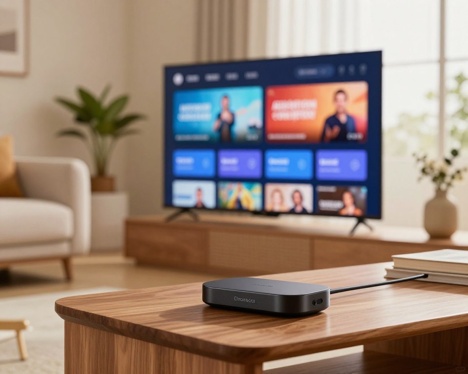 A modern living room scene showcasing a sleek Chromecast device integrated with a Smart TV. In the foreground, the Chromecast, small and minimalist, rests on a stylish wooden coffee table. In the middle, the Smart TV displays vibrant streaming options, hinting at a variety of content, with a cozy sofa and a decorative plant nearby. The background features soft lighting, creating a warm and inviting atmosphere, with large windows allowing natural light to filter in. The camera angle is slightly elevated, highlighting the interactive interface on the TV screen while maintaining focus on the Chromecast. The mood is relaxed and modern, emphasizing the seamless integration of technology into everyday life.