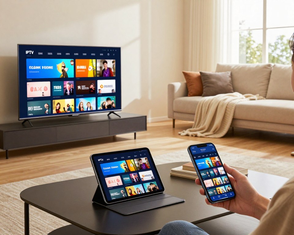 A modern living room scene showcasing seamless IPTV streaming across multiple devices. In the foreground, a sleek, high-definition smart TV displays a vibrant streaming interface with various channel options. A stylish tablet rests on a coffee table, showing live content in action, while a smartphone in a person’s hand streams the same show, emphasizing connectivity. The middle ground features a comfortable couch adorned with plush cushions and a soft blanket, inviting relaxation. The background presents large windows letting in warm, natural light, enhancing the cozy atmosphere. The scene is captured from a slightly elevated angle, allowing for a wide perspective of the room while highlights create a dynamic contrast, reflecting a vibrant and immersive viewing experience.