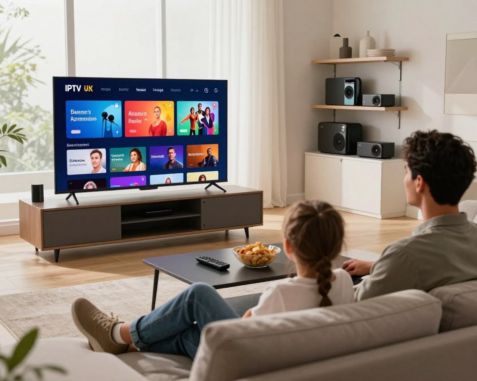 A modern living room setting featuring a sleek TV displaying a vibrant IPTV interface, showcasing various streaming options. In the foreground, a family of three—two adults in casual yet polished attire and a child—sitting comfortably on a stylish sofa, engaged in streaming content. The middle ground features subtle details like a coffee table with snacks, a remote control, and light streaming in from a large window, creating a warm and inviting atmosphere. In the background, a minimalist shelving unit displays technology gadgets and a few decorative pieces, symbolizing the modernity of IPTV. Use soft, natural lighting to evoke a sense of coziness and family togetherness, while focusing on the themes of technology and entertainment in the UK. A modern living room setting featuring a sleek TV displaying a vibrant IPTV interface, showcasing various streaming options. In the foreground, a family of three—two adults in casual yet polished attire and a child—sitting comfortably on a stylish sofa, engaged in streaming content. The middle ground features subtle details like a coffee table with snacks, a remote control, and light streaming in from a large window, creating a warm and inviting atmosphere. In the background, a minimalist shelving unit displays technology gadgets and a few decorative pieces, symbolizing the modernity of IPTV. Use soft, natural lighting to evoke a sense of coziness and family togetherness, while focusing on the themes of technology and entertainment in the UK.