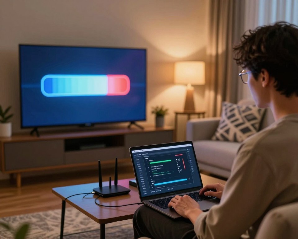 A modern living room setting featuring a sleek, smart TV displaying a vibrant image buffering icon. In the foreground, a focused individual dressed in smart casual attire stands next to the TV, analyzing the situation with a laptop open, displaying a detailed internet speed test. The middle ground includes a cozy couch with decorative cushions and a coffee table scattered with tech gadgets like a router and ethernet cables, emphasizing a technologically savvy environment. The background reveals a softly lit room accentuated by warm lighting, creating a subtle, inviting atmosphere. Use a shallow depth of field to keep the focus on the blocking elements while retaining a cozy, homey mood. The overall tone of the image should reflect a proactive approach to optimizing streaming experience, avoiding issues like buffering.
