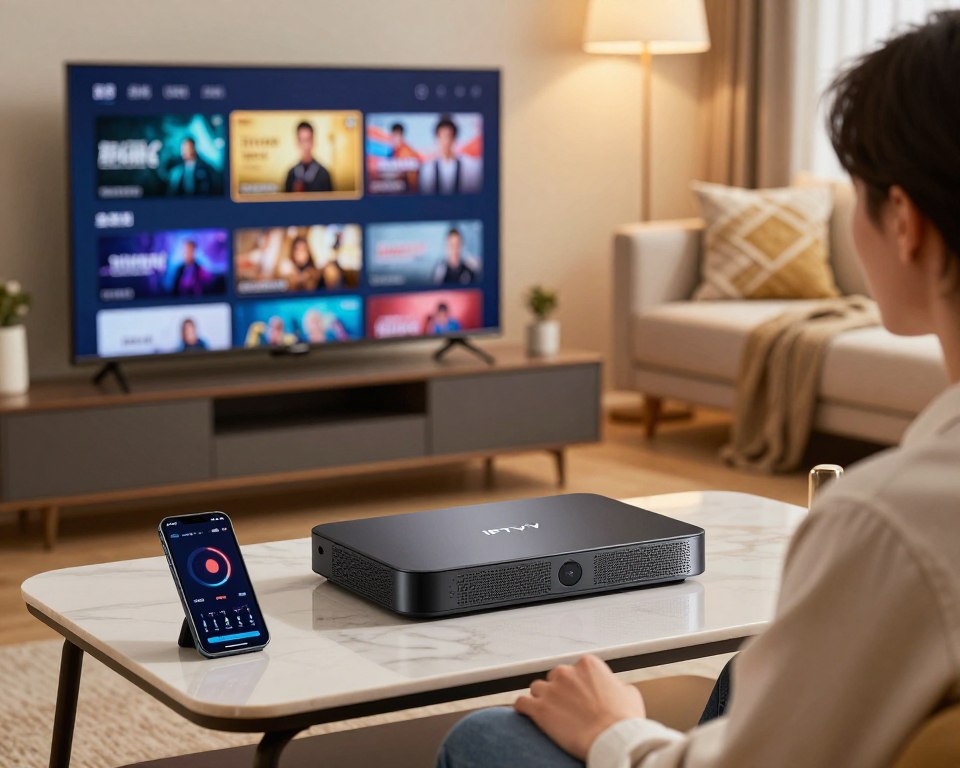 A modern living room setting with a sleek IPTV device prominently displayed on a stylish coffee table. In the foreground, a close-up of a smartphone screen showing detailed performance metrics like signal strength and channel quality indicators. In the middle, a flat-screen TV displays vibrant images of various streaming content, highlighting high-definition clarity. The background features a relaxed ambiance with soft, warm lighting and a comfortable sofa adorned with decorative cushions, creating an inviting atmosphere. The image captures a professional evaluating the streaming content, dressed in business casual attire, focused on the device and screen. The angle is slightly overhead, providing a clear view of both the technology and the cozy environment, implying a balance between entertainment and performance assessment. A modern living room setting with a sleek IPTV device prominently displayed on a stylish coffee table. In the foreground, a close-up of a smartphone screen showing detailed performance metrics like signal strength and channel quality indicators. In the middle, a flat-screen TV displays vibrant images of various streaming content, highlighting high-definition clarity. The background features a relaxed ambiance with soft, warm lighting and a comfortable sofa adorned with decorative cushions, creating an inviting atmosphere. The image captures a professional evaluating the streaming content, dressed in business casual attire, focused on the device and screen. The angle is slightly overhead, providing a clear view of both the technology and the cozy environment, implying a balance between entertainment and performance assessment.
