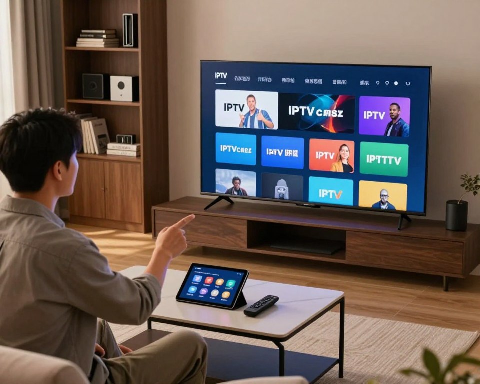 A modern living room setting with a sleek TV prominently displaying an IPTV interface featuring various streaming options. In the foreground, a confident expert in casual business attire points toward the screen, showcasing a list of top IPTV service recommendations. In the middle, a stylish coffee table holds a tablet and a remote control, hinting at an organized streaming setup. Soft ambient lighting illuminates the room, creating a warm and inviting atmosphere. The background features a tasteful bookshelf filled with tech gadgets and books about media and technology, enhancing the expert vibe. Use a slightly elevated angle to capture both the expert and the IPTV screen clearly, focusing on clarity and engagement.