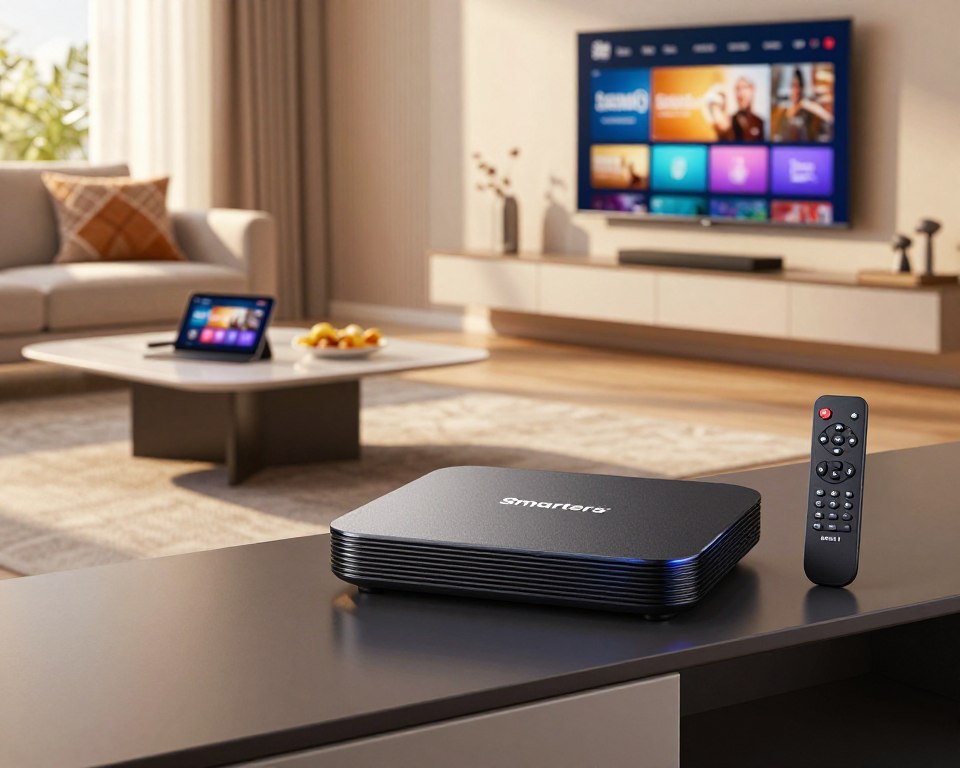 A modern living room setup featuring a Smarters IPTV device prominently displayed on a sleek entertainment unit. In the foreground, there’s a remote control beside the device, with an illuminated screen showcasing the Smarters IPTV interface, inviting viewers to set it up. In the middle ground, the lounge area includes a comfortable sofa adorned with decorative cushions, and a stylish coffee table holding a tablet and snacks, creating a cozy atmosphere. The background features a clean wall with a large flat-screen TV mounted, displaying vibrant images from Smarters IPTV. Warm, inviting lighting enhances the atmosphere, mimicking late afternoon sunlight streaming through a nearby window, while maintaining a professional and organized appearance. The angle captures the essence of a user-friendly setup environment without any distractions in the space.