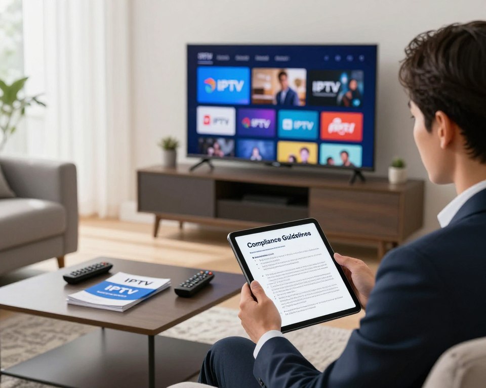 A modern living room with a sleek flat-screen TV displaying various streaming icons, representing legal IPTV services. In the foreground, a professional individual in business attire examines a checklist labeled "Compliance Guidelines" on a tablet, symbolizing careful adherence to legal aspects. The middle ground features a cozy sofa with a few IPTV remote controls scattered around, while a coffee table holds informative brochures about legal IPTV. In the background, soft natural light streams through a large window, creating a warm atmosphere and emphasizing a sense of security and compliance. The overall mood is focused yet relaxed, showing the importance of understanding legal risks in IPTV while enjoying home entertainment.