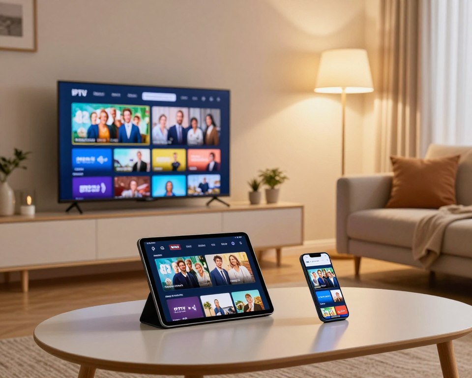 A modern multi-device streaming setup, featuring a sleek living room environment. In the foreground, a stylish coffee table holds a tablet displaying an IPTV playlist interface, alongside a smartphone streaming a popular UK show. In the middle, a smart TV on the wall showcases the same show, with clear resolution and vibrant colors. A comfortable sofa is situated nearby, styled with plush cushions, creating an inviting atmosphere. Soft lighting from an overhead lamp casts a warm glow, enhancing the cozy feel. The background reveals a tastefully decorated room with minimalistic decor and a few potted plants. The mood is relaxed and family-friendly, ideal for enjoying entertainment together.