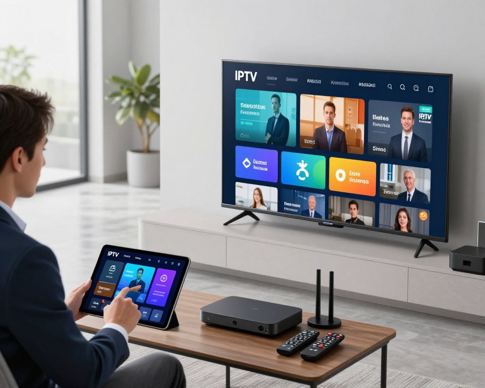 A modern office environment showcasing IPTV streaming technology in action. In the foreground, a sleek, thin-screen TV mounted on the wall displays vibrant IPTV user interface graphics, demonstrating live streaming options. To the left, a professional businessperson in smart attire is interacting with a tablet, highlighting controls for the IPTV service. The middle ground features a coffee table with streaming devices, remote controls, and high-speed internet equipment, all well-organized. In the background, large windows allow soft natural light to flood in, creating a relaxed yet tech-savvy atmosphere. Opt for a slightly elevated camera angle for depth, emphasizing both the TV and the user’s engagement. Overall, convey a feeling of innovation and connectivity within the realm of entertainment technology.