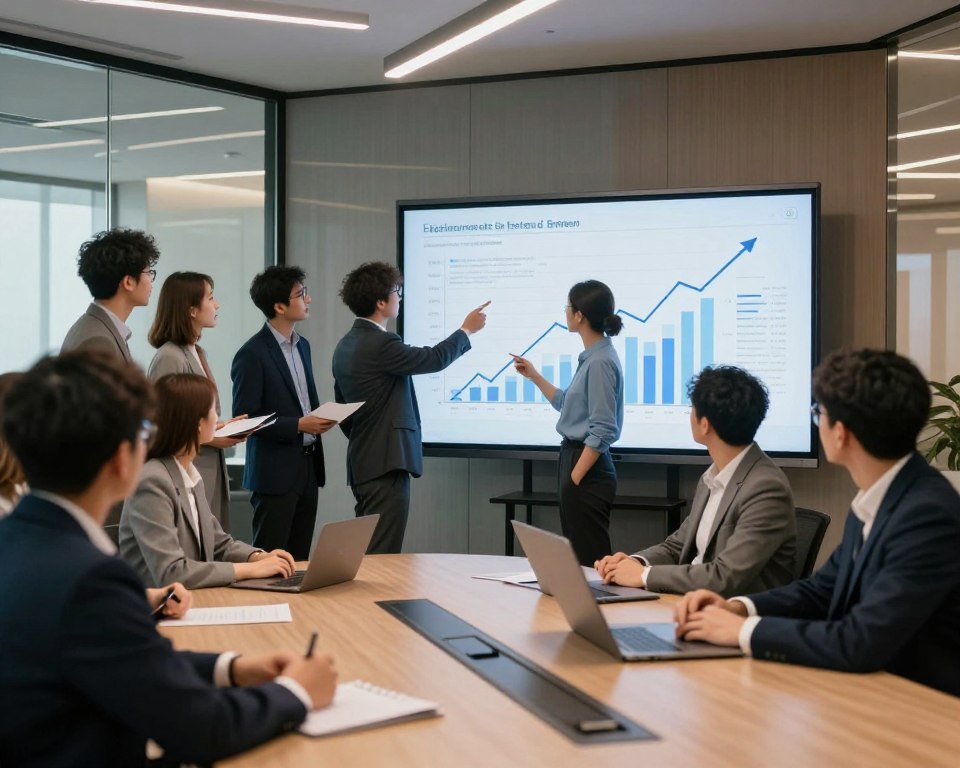 A modern office setting with a sleek conference room as the foreground, featuring a large digital screen displaying an upward trend graph symbolizing performance reviews and update trends. In the middle ground, a diverse group of professionals in business attire - both men and women - are engaged in a discussion, pointing at data charts and graphs with expressions of focus and collaboration. The background includes glass walls and natural light flowing in, enhancing a professional atmosphere. Soft, ambient lighting creates a warm yet serious mood, while a wide-angle lens perspective captures the dynamic interaction among the team.