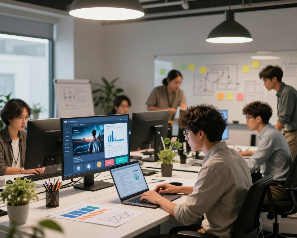A modern office workspace filled with a diverse team of developers collaborating on a project. In the foreground, a focused developer in smart casual attire is typing on a laptop, surrounded by design prototypes and charts showing recent updates. The middle ground features a large screen displaying a sleek IPTV app interface, highlighting new features and enhancements. In the background, there are whiteboards filled with diagrams and sticky notes, creating a dynamic atmosphere of innovation. Soft, bright lighting from overhead lamps casts a motivating glow, enhancing the creative vibe. A sense of teamwork and progress permeates the space, showcasing a thriving development environment.