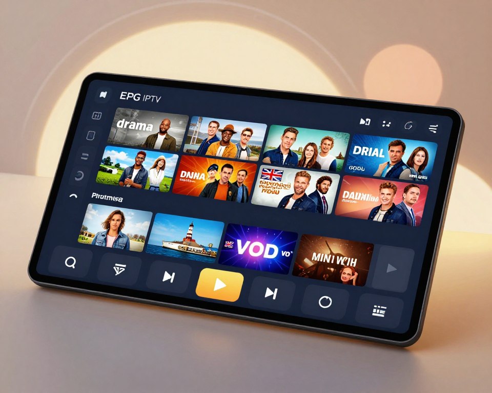 A modern, sleek EPG (Electronic Program Guide) interface for IPTV, displaying live channels and VOD content. In the foreground, showcase a stylized channel selection menu with vibrant thumbnails of popular UK shows, some featuring iconic landmarks. The user interface should be user-friendly, highlighting genres such as drama, comedy, and documentaries. In the middle layer, depict a gentle, glowing background with abstract shapes, suggesting a futuristic digital environment. The focus should be on smooth navigation arrows and highlighted selections, all illuminated by soft, warm lighting to create an inviting atmosphere. Capture the scene from an overhead angle, providing a comprehensive view of the interface that suggests ease of use and accessibility, while ensuring a professional and modern look.