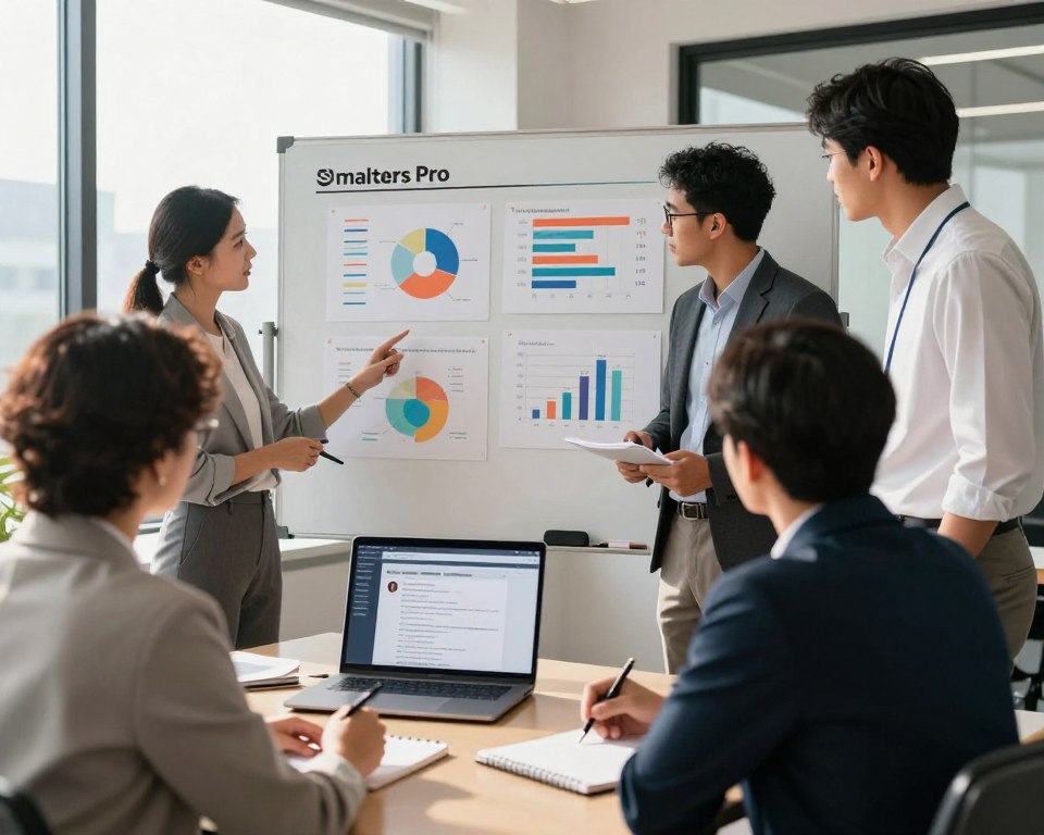 A modern, sleek office environment serves as the backdrop, with a large whiteboard filled with colorful charts and graphs reflecting user feedback analysis for Smarters Pro. In the foreground, a diverse group of three professionals in smart business attire engages in a discussion, pointing at specific data points on the board. The middle layer features a laptop open on a desk displaying detailed analytics and user reviews, complemented by a notepad and pen. Natural light pours in through large windows, casting warm highlights across the room, creating an atmosphere of collaboration and problem-solving. The camera angle is slightly elevated, providing a comprehensive view of the scene, emphasizing teamwork and insightful analysis.