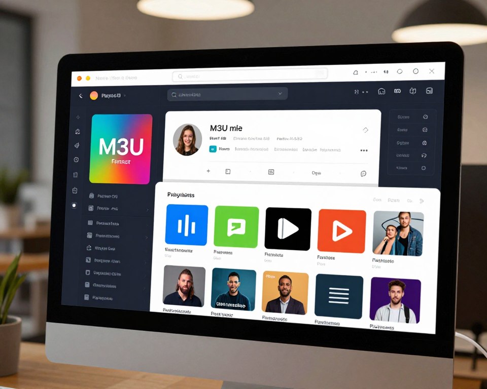 A modern, sleek playlist configuration interface displayed on a high-resolution computer screen. In the foreground, showcase vivid icons for adding, editing, and removing playlists, arranged neatly for intuitive user interaction. Include a vibrant M3U file format representation with vivid colors illustrating multiple live channels. The middle layer shows a simulated user profile with a clean layout and an interactive search bar at the top. In the background, a subtle blurred view of a stylish home office environment, illuminated by soft overhead lighting for a professional atmosphere. The image should convey a feeling of high-tech efficiency and user-friendliness, with an emphasis on clarity and organization in the interface design.