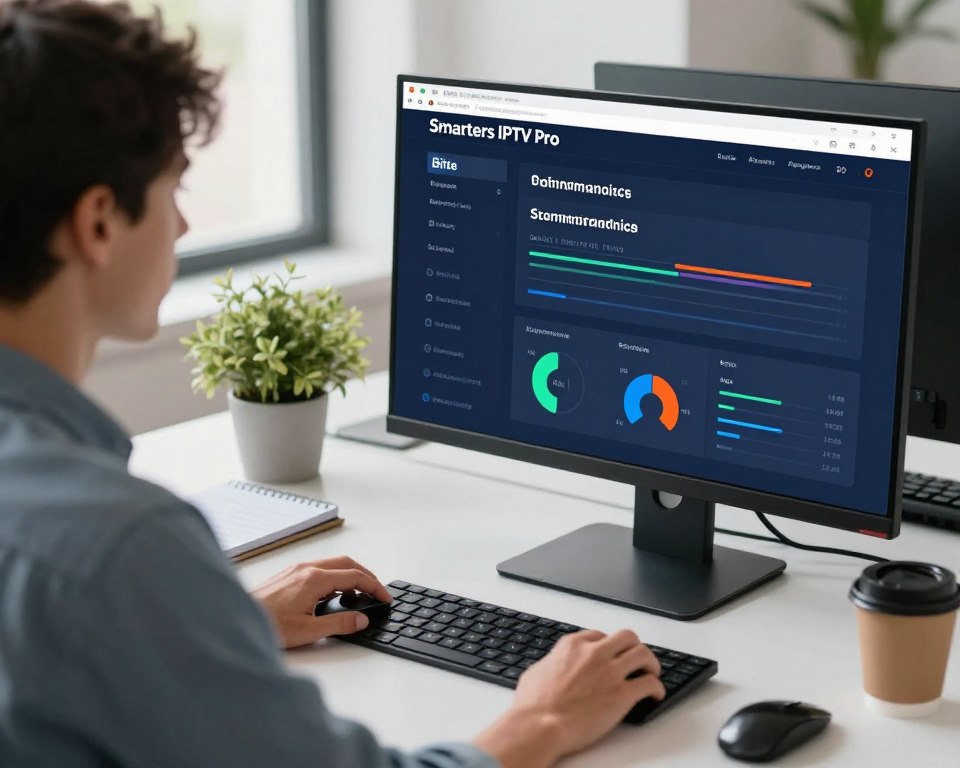 A modern, sleek workspace with a computer screen displaying the Smarters IPTV Pro interface, showcasing optimization settings for streaming performance. In the foreground, a professional individual dressed in smart casual attire is focused on adjusting the settings with a mouse, their expression reflecting concentration. The middle ground features a clear, vibrant screen showing various performance metrics like bitrate, resolution, and buffering status in dynamic graphs and sliders. The background displays clean desk elements like a notepad, a coffee cup, and a potted plant, all softly lit by natural light coming from a nearby window, creating a productive and focused atmosphere. The overall mood is one of efficiency and technological advancement.