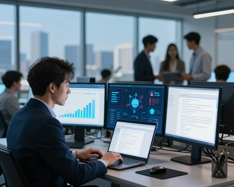 A modern troubleshooting and support interface set against a sleek, high-tech office background. In the foreground, a focused professional in smart business attire is engaged with a laptop displaying troubleshooting software, surrounded by multiple screens showcasing graphs, support tickets, and security protocols. The middle layer features a digital dashboard with vibrant icons representing connectivity, diagnostics, and user support, illuminated by soft LED lighting for a calm yet efficient ambience. In the background, blurred silhouettes of team members collaborating add depth, while a large window reveals a city skyline under a clear blue sky, symbolizing connectivity and modern technology. The overall mood is professional, upbeat, and focused on problem-solving. A modern troubleshooting and support interface set against a sleek, high-tech office background. In the foreground, a focused professional in smart business attire is engaged with a laptop displaying troubleshooting software, surrounded by multiple screens showcasing graphs, support tickets, and security protocols. The middle layer features a digital dashboard with vibrant icons representing connectivity, diagnostics, and user support, illuminated by soft LED lighting for a calm yet efficient ambience. In the background, blurred silhouettes of team members collaborating add depth, while a large window reveals a city skyline under a clear blue sky, symbolizing connectivity and modern technology. The overall mood is professional, upbeat, and focused on problem-solving.