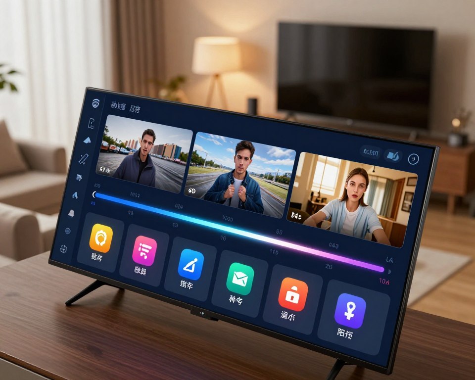 A modern video quality settings interface displayed on a sleek, futuristic screen. The foreground features a user-friendly panel with vivid, colorful icons representing various video quality options, such as resolution, bitrate, and frame rate. The middle layer shows a glowing slider bar for adjusting settings, accompanied by animated visuals that indicate changes to playback quality. In the background, a soft-focus view of a living room with a large flat-screen TV and comfortable seating enhances the home entertainment atmosphere. The lighting is warm and inviting, creating a cozy mood. The angle is slightly angled from above, capturing the interface in detail while maintaining a professional and polished appearance. No text, logos, or watermarks are present.