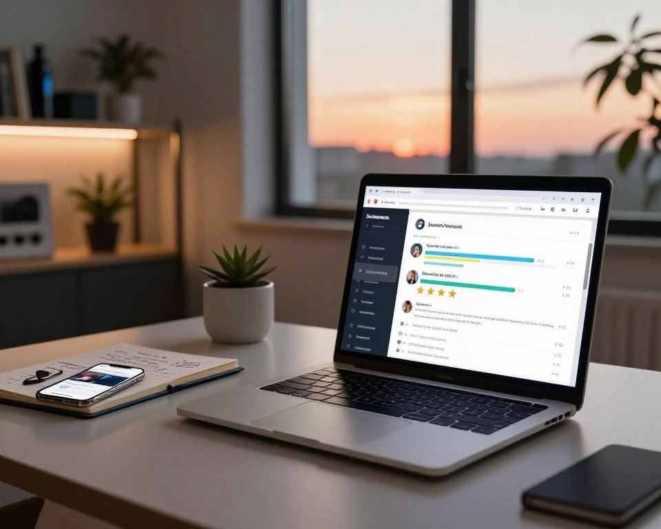 A modern workspace featuring a laptop on a sleek desk displaying user reviews and ratings for streaming applications. In the foreground, the laptop screen shows colorful graphs and star ratings, indicating various user feedback. To the left, an open notepad with handwritten notes and a smartphone displaying a streaming app interface. In the background, a softly lit bookshelf with tech gadgets and plants enhances the ambiance. A large window reveals a sunset sky, adding warmth to the scene. The lighting is inviting and cozy, casting gentle shadows, while the overall mood is professional yet relaxed, ideal for an article discussing user experiences and insights.