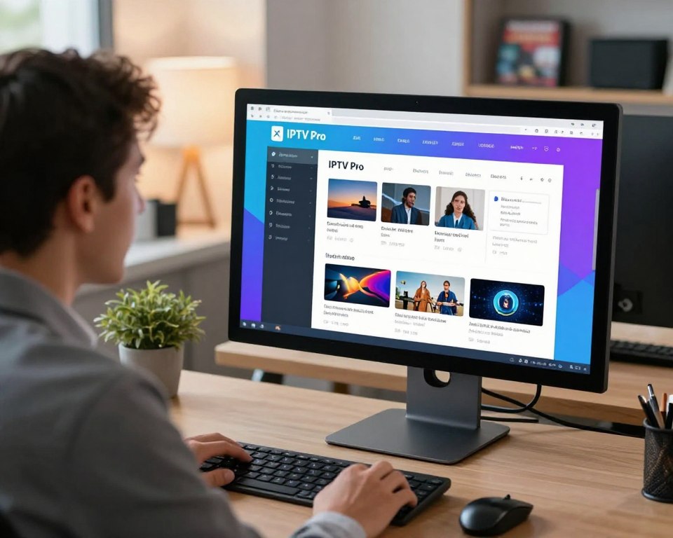 A modern workspace featuring a sleek computer monitor displaying a vibrant and visually appealing update interface of the IPTV Pro application. In the foreground, a professional in business attire is attentively reviewing the interface, with an expression of enthusiasm. The middle layer includes the computer setup equipped with a stylish keyboard and mouse, while the background showcases a contemporary office environment, adorned with soft ambient lighting. A soft focus on the background hints at shelves filled with entertainment items like DVDs and gaming consoles. The atmosphere is bright and inviting, conveying a sense of innovation and excitement for recent software updates and enhancements. Use soft lighting to create an inspiring ambiance, shot from a slightly elevated angle to emphasize the monitor's screen content.