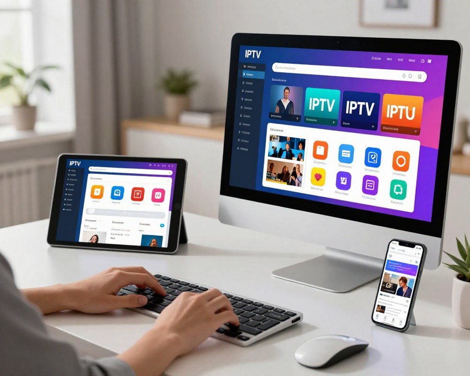 A modern workspace with a sleek computer desk showcasing a vibrant IPTV app interface on the screen, illustrating playlist management and channel organization. In the foreground, organized playlists are visually represented by colorful icons, with a hand interacting, perhaps dragging and dropping channels. In the middle ground, a stylish tablet displays a user-friendly interface with easy navigation, while a smartphone sits nearby showing a live streaming channel. The background features a softly lit room with contemporary decor, highlighting a cozy atmosphere, and natural light filtering in from a window. Use bright, inviting colors, a clean composition, and an overall mood of ease and efficiency. The image should have a sharp focus with soft bokeh effects in the background to emphasize the foreground elements.